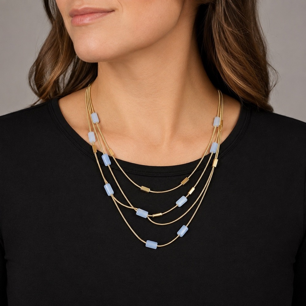 Gold Tone 4 Strand Snake Chain Blue Bead Layered Statement Necklace 20" Boho